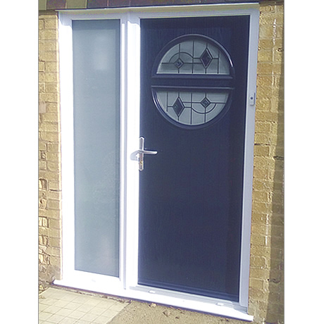 Dark blue composite door with sidescreen installed with acid etched glass installed in Hollywood by Solihull WDC, www.solihullwindows.co.uk