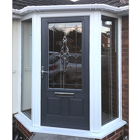 Newbuild angled entrance porch built and installed with feature composite door located in Walmley, www.solihullwindows.co.uk